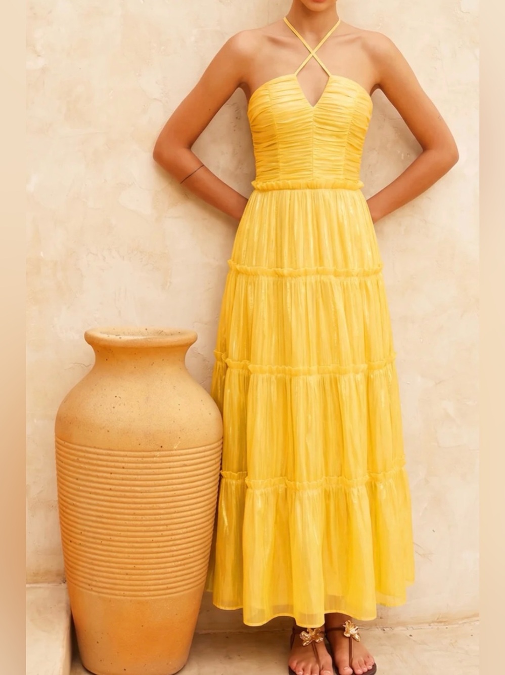 Commense Halter Ruched Tiered Maxi Dress -S
